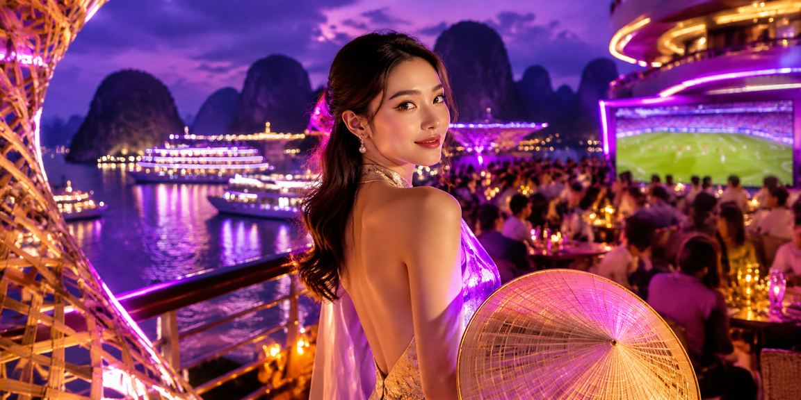 Người phụ nữ đội nón lá nhìn ra vịnh Hạ Long, tay cầm điện thoại kiểm tra ưu đãi cá cược